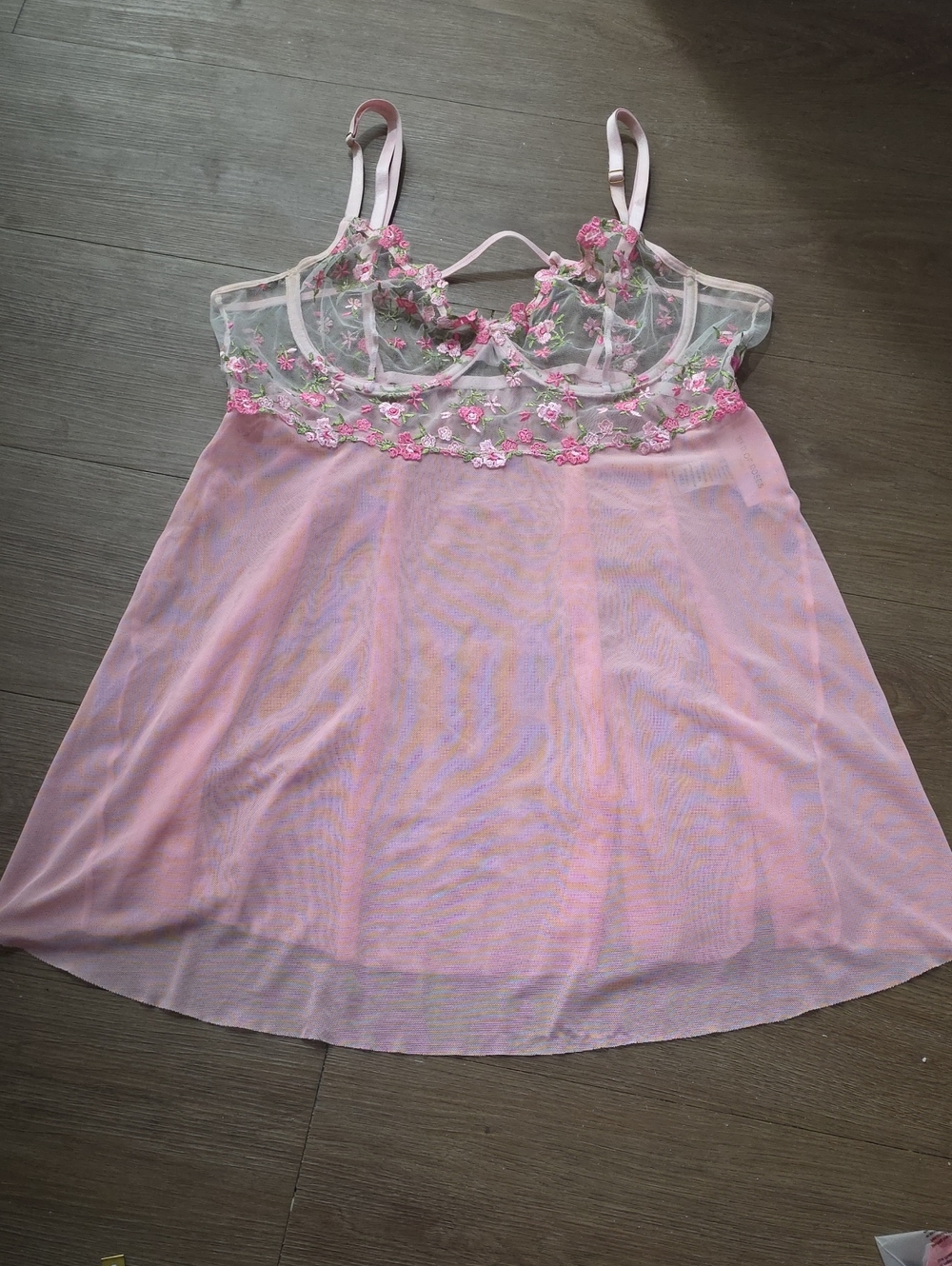 Pink Floral Embroidered Sheer Babydoll Nightdress - Women Intimates